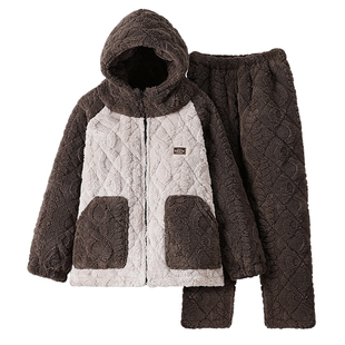 女士舒棉绒连帽拉链睡衣套装秋冬保暖家居服套装少女宽松三层加厚