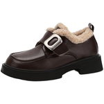 真皮厚底小皮鞋女2025秋冬新款英伦乐福鞋加绒棉鞋大码女鞋41到43