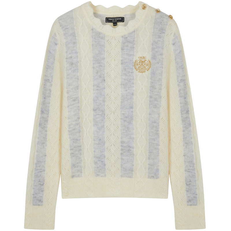 TeenieWeenie小熊女装毛针织衫2025秋冬新款竖条纹肌理感圆领毛衣