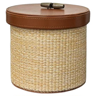 中古藤编桌面收纳盒带盖茶几零食小杂物整理盒家用床头圆形储物盒