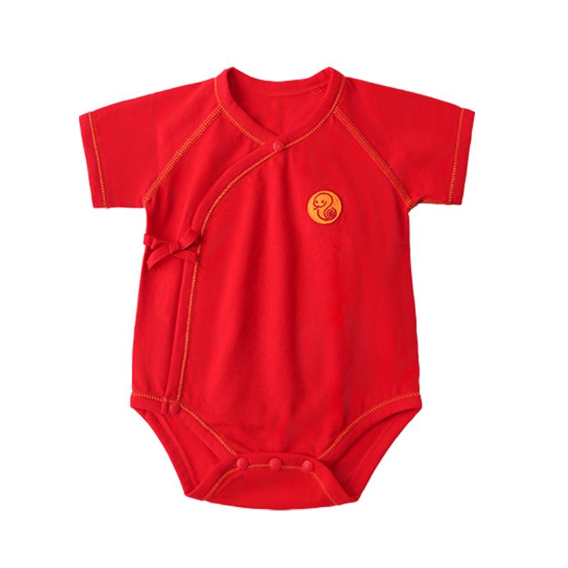 婴儿满月衣服夏季蛇年宝宝红色短袖包屁衣新生儿纯棉喜庆连体衣