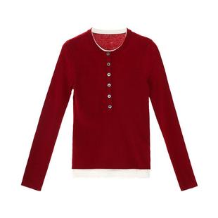 IAmMIX27红色套头针织衫女修身显瘦绵羊毛混纺软糯打底假两件毛衫