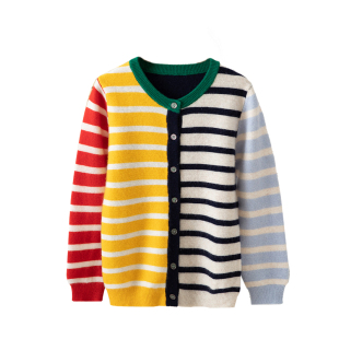 儿童彩条100纯山羊绒开衫女童秋冬拼色条纹针织衫中大童毛衣外套