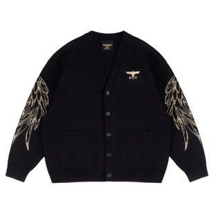 BOYLONDON春秋翅膀刺绣针织开衫男女同款短款修身休闲外套N64900