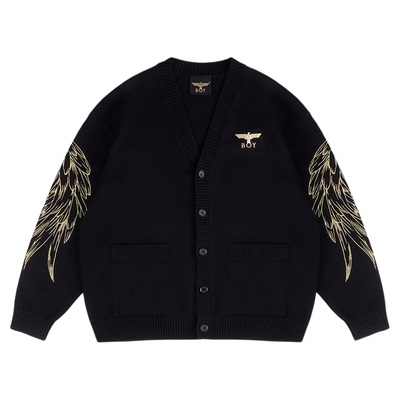 BOYLONDON春秋翅膀刺绣针织开衫男女同款短款修身休闲外套N64900