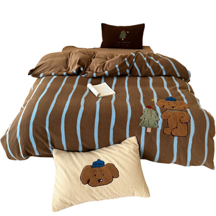 美拉德复古狗狗秋冬加厚仿羊绒牛奶绒保暖床上四件套法兰绒珊瑚绒