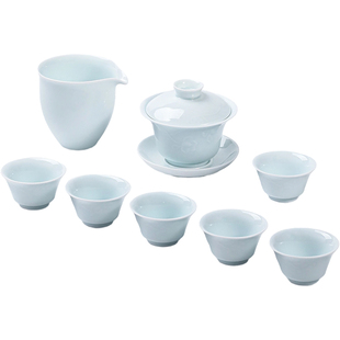景德镇官方陶瓷影青茶具套装莲开并蒂盖碗茶杯公道整套本命年礼物