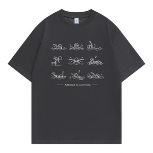沉迷游泳 极简线条游泳小人图案短袖男女体育趣味印花小众纯棉T恤