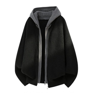 拉夏贝尔仿鹿毛绒假两件针织开衫秋冬连帽慵懒风拉链毛衣外套男士