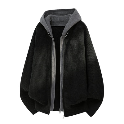 拉夏贝尔仿鹿毛绒假两件针织开衫秋冬连帽慵懒风拉链毛衣外套男士