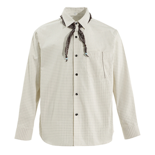 【可拆卸丝巾】海上公路文青衬衫男士春夏100%棉格纹撞色通勤上衣