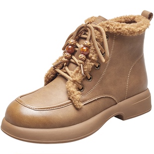 意尔康女鞋2025冬季加绒保暖马丁靴短筒皮靴粗跟小个子短靴户外