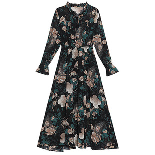 雪纺连衣裙女春秋2025新款秋装长袖收腰显瘦修身气质碎花长款裙子