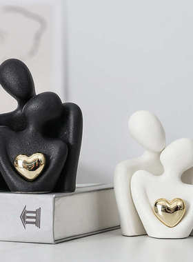 爱心镀金抽象简约人物摆件酒柜玄关情侣拥抱艺术装饰品陶瓷