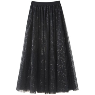 黑色亮片绣纱裙垂感显瘦长裙2026春季新品仙范银河亮丝高端半身裙