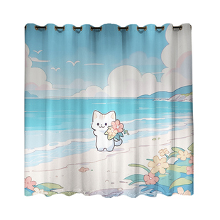 卡通手绘猫咪大友克洋风定制雪尼尔长帘卧室客厅挂钩遮光打孔窗帘