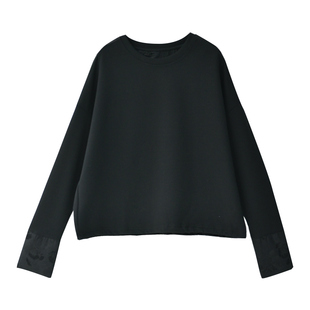 T2207C 新中式缎面拼接宽松抽绳短款圆领百搭休闲长袖T恤米兰宣言