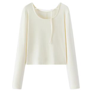 森马长袖T恤女春短款一字领修身内搭绣花2026新款百搭小心机上衣