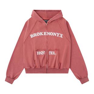 Brokenonyx boxy重磅水洗做旧刺绣卫衣设计字母插肩连帽开衫外套