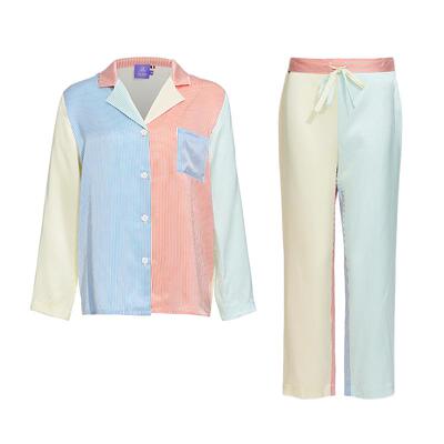 真丝拼色睡裙彩色条纹荡领睡裙