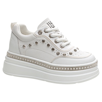 圣恩熙真皮水钻珍珠内增高小白鞋