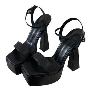 34码粗跟防水台模特走秀鞋一字扣带方头恨天高凉鞋15cm超高跟女鞋