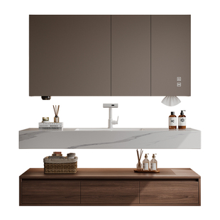 欧派中古风浴室柜组合热弯岩板无缝盆酒店风洗漱台胡桃木洗脸盆柜