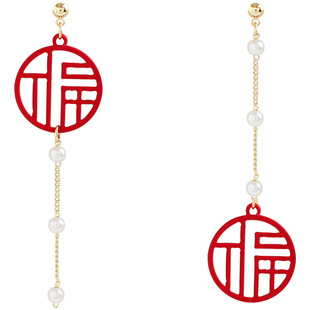 福气满满~新年红字福字银925耳钉红色中国风文字珍珠长款耳夹耳饰