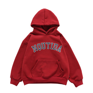 日系潮牌冬季新品男童加绒加厚连帽卫衣儿童新年红保暖上衣帽衫潮