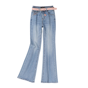 219欧货小蜜蜂早春浅蓝色时尚高端弹力牛仔裤显瘦修身微喇长裤女