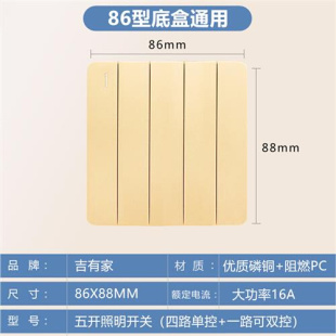 新款 5联香槟金色照明 家用86型客厅五开单控灯开关5开一路双控暗装