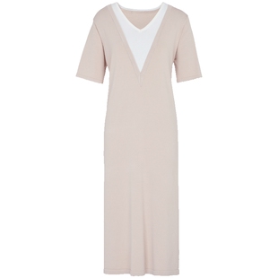 马天奴秋冬新款黑白V领针织裙简约短袖连衣裙长款裙子修身长裙