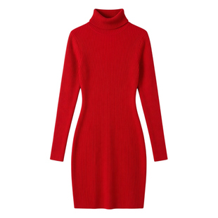 配大衣的内搭高领针织连衣裙女秋冬毛衣裙气质修身显瘦包臀打底裙