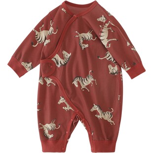 马宝宝婴儿衣服国风红色喜庆满月百天纯棉新年服春秋新生儿连体衣