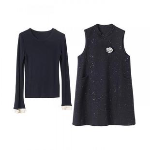 宝诗黎两件套亮片背心连衣裙2026早春气质简约小香风韩系小黑裙
