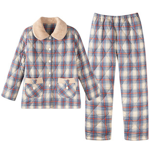 外纯棉里珊瑚绒睡衣女冬季三层加厚加绒梭织夹棉秋冬款家居服套装