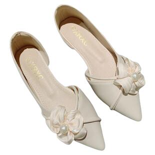 2025年新款浅口尖头平底花朵侧空晚晚温柔风气质法式配裙子单鞋女