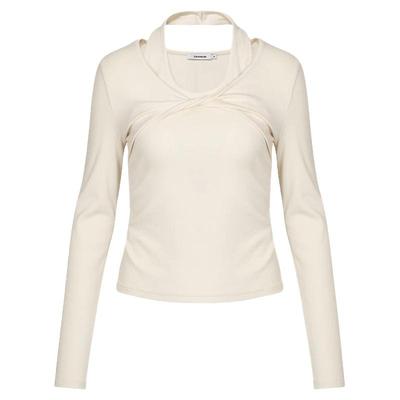 CALVINLUO 假两件挂脖T恤修身长袖显瘦简约上衣 25新品 米黄/灰色