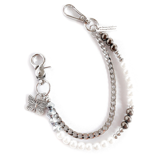 日韩ins风银色蝴蝶珍珠双链配手机壳珠串挂绳吊坠配件手提链防摔