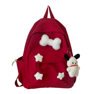 酒红色书包女生中学生星星少女心日系设计感女大学生双肩包女背包