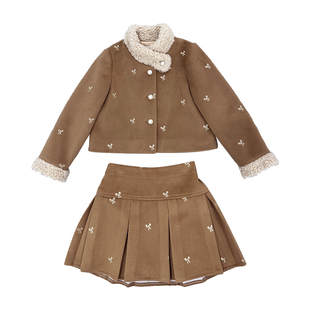 小童木 气质千金风女童小香风套装冬季新款中大童毛呢外套半身裙