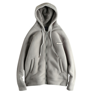 冬季日系复古重磅摇粒绒保暖夹克外套男微章点缀休闲连帽加厚棉衣