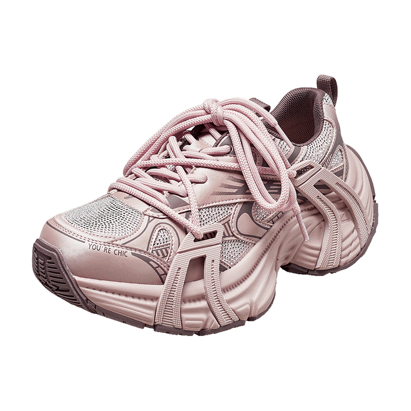 YRC粉色老爹鞋女厚底透气2025春季新款水钻个性inc潮设计感运动鞋