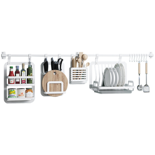 厨房挂架置物架壁挂式免打孔挂杆挂钩碗碟架刀架调料架白色收纳架