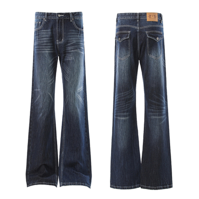 美式闪电纹重猫须水洗微喇牛仔