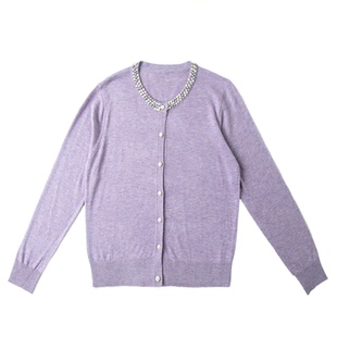 亲肤含羊毛圆领单排扣柔感亲肤针织长袖开衫秋领口 重工珍珠点缀