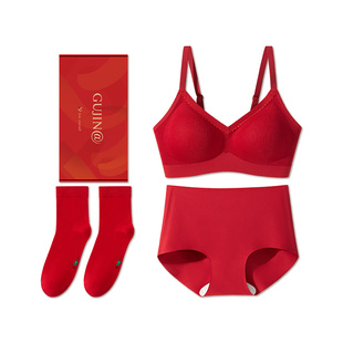 古今本命年红色内衣套装女马年新年结婚礼物内裤胸罩无痕聚拢文胸