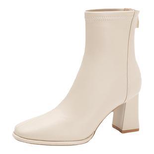 秋冬爆款真皮白色法式高跟短靴女粗跟马丁靴瘦瘦靴子小码鞋313233