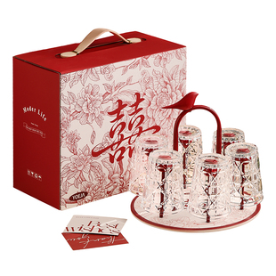 漫时光花囍杯具套装红色喜庆过年玻璃杯子礼盒装浪漫高档新婚礼物