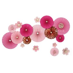 新年浪漫樱花玻璃橱窗纸扇装饰福字酒店楼盘展厅纸扇花北欧小清新